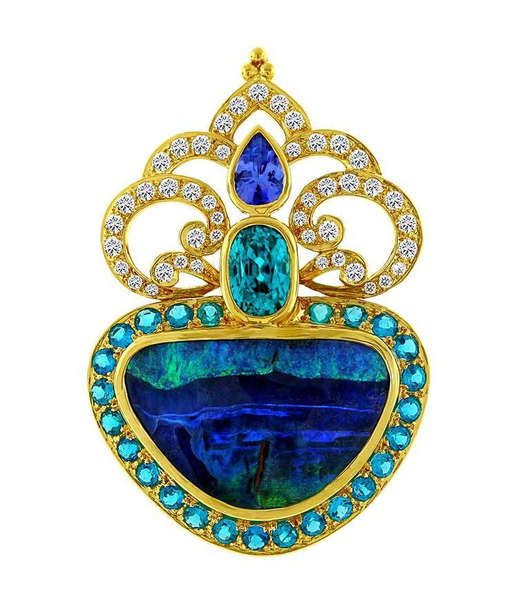 Paula Crevoshay will be showing her breathtaking designs at the Couture Show Las Vegas, including this pendant set with a 22.30ct opal, tanzanites, apatites, blue zircon and diamonds