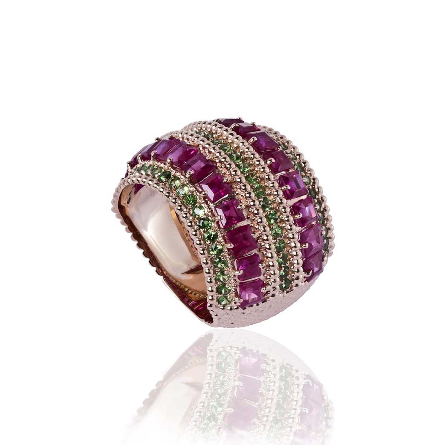 Carla Amorim Russia Collection St Basil ring with rubies and tsavorites, inspired by the brightly painted motifs on the domes of the cathedral
