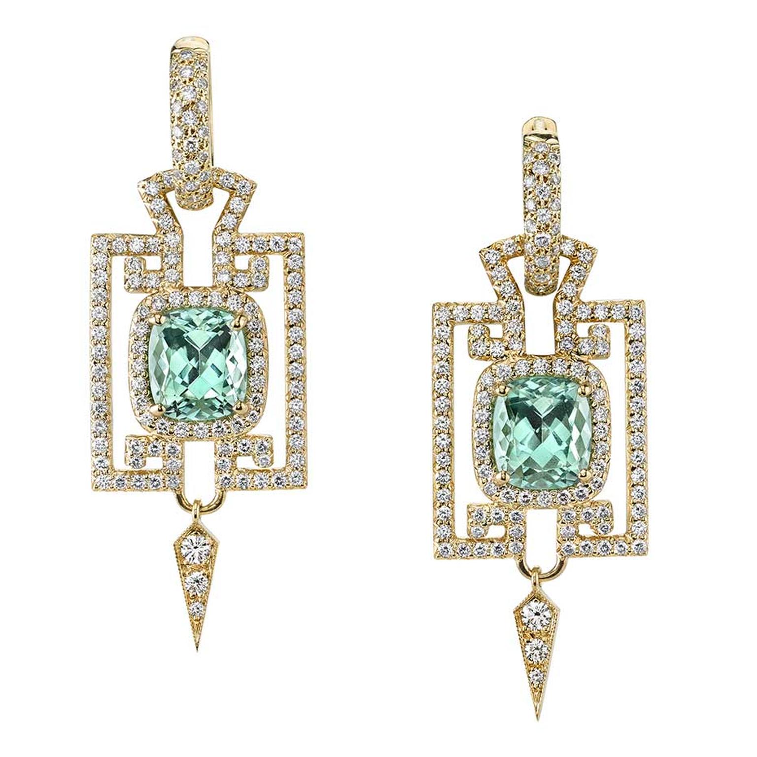 Erica Courtney square mint tourmaline earrings in gold with diamonds.