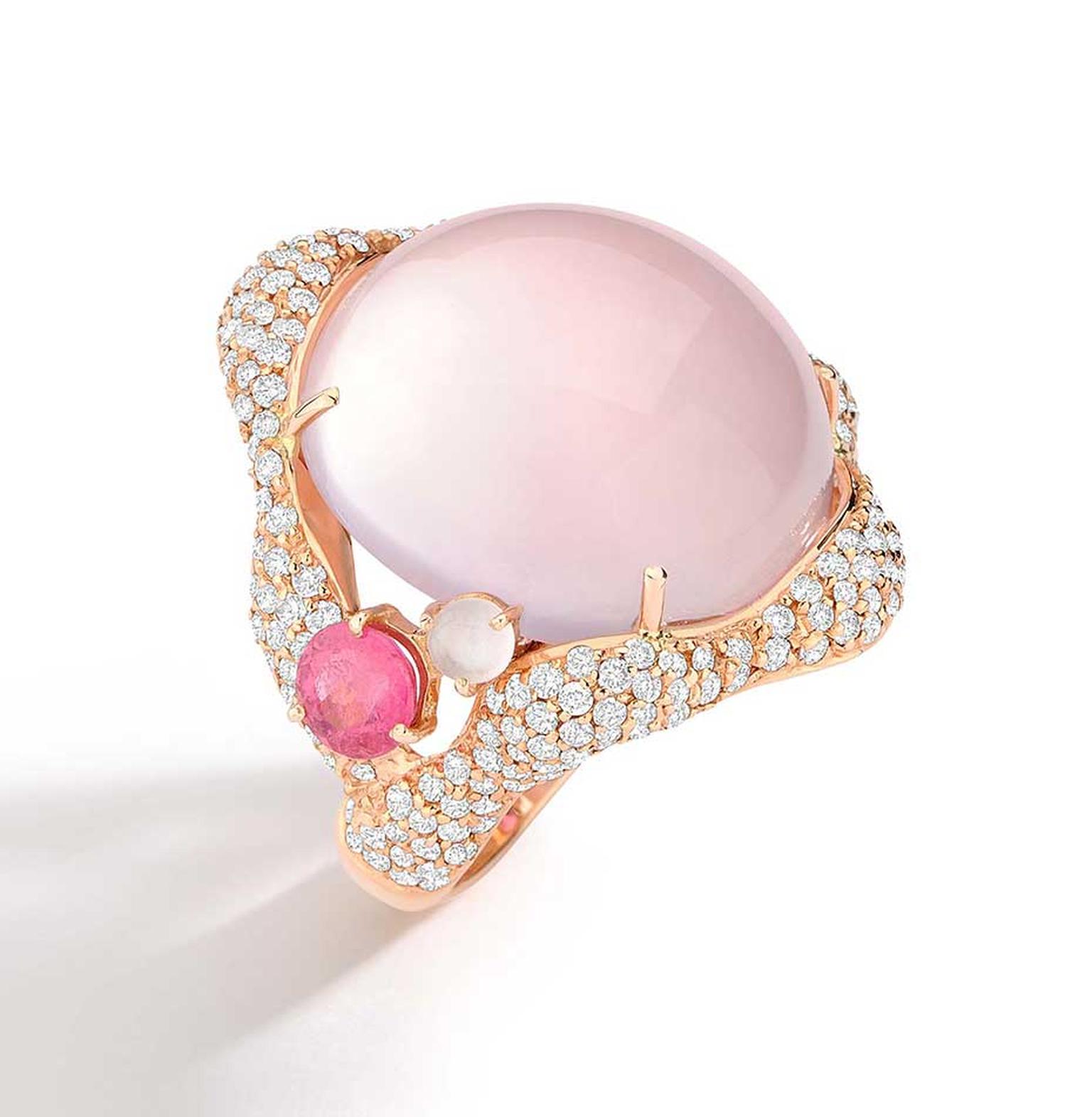 Brumani Baobab Rose collection ring in rose gold with diamonds, rose quartz and pink tourmaline