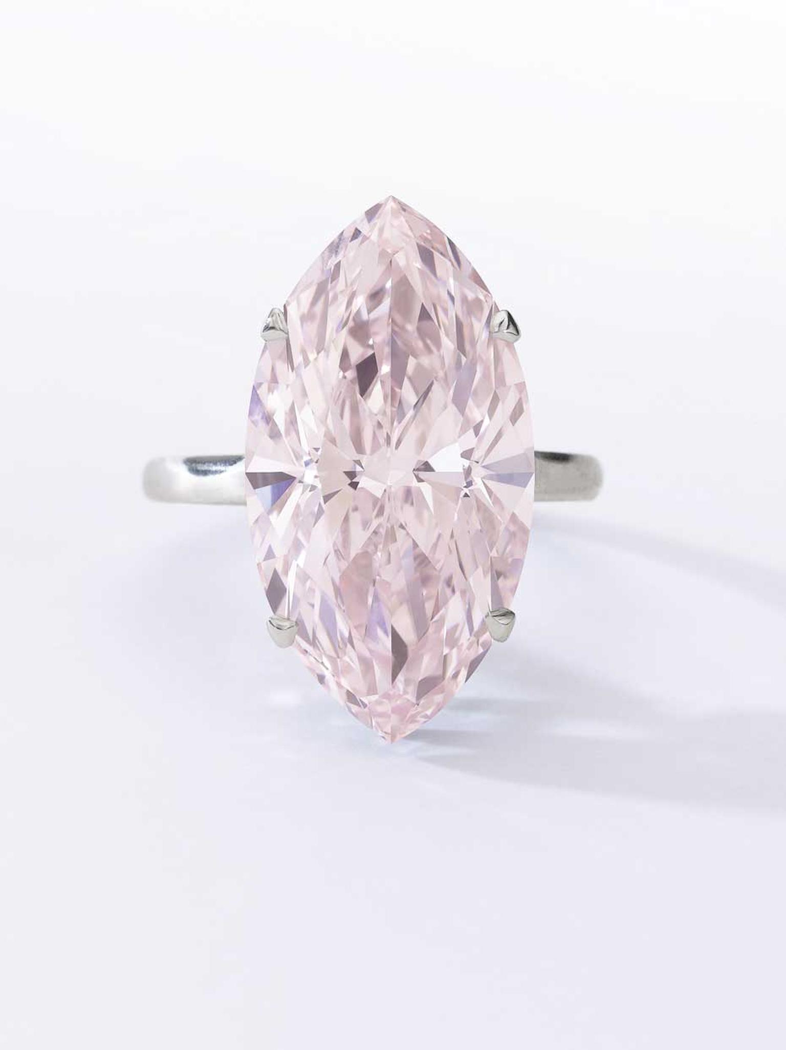 Very Fine Fancy Pink diamond ring featuring a 12.07ct marquise-cut pink diamond. Sold for CHF 6,437,000 (estimate: CHF 3,570,000-6,200,000)