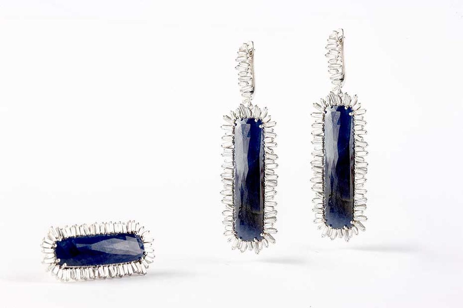 Suzanne Kalan one-of-a-kind white gold Vitrine ring with diamonds and a 16.40ct blue sapphire and white gold Vitrine earrings with baguette diamonds and 51.22ct blue sapphires ($36,000)