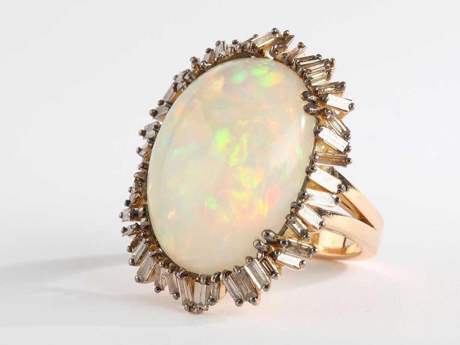 Suzanne Kalan one-of-a-kind rose gold Vitrine ring with champagne baguette diamonds and a 17.60ct opal ($14,000)