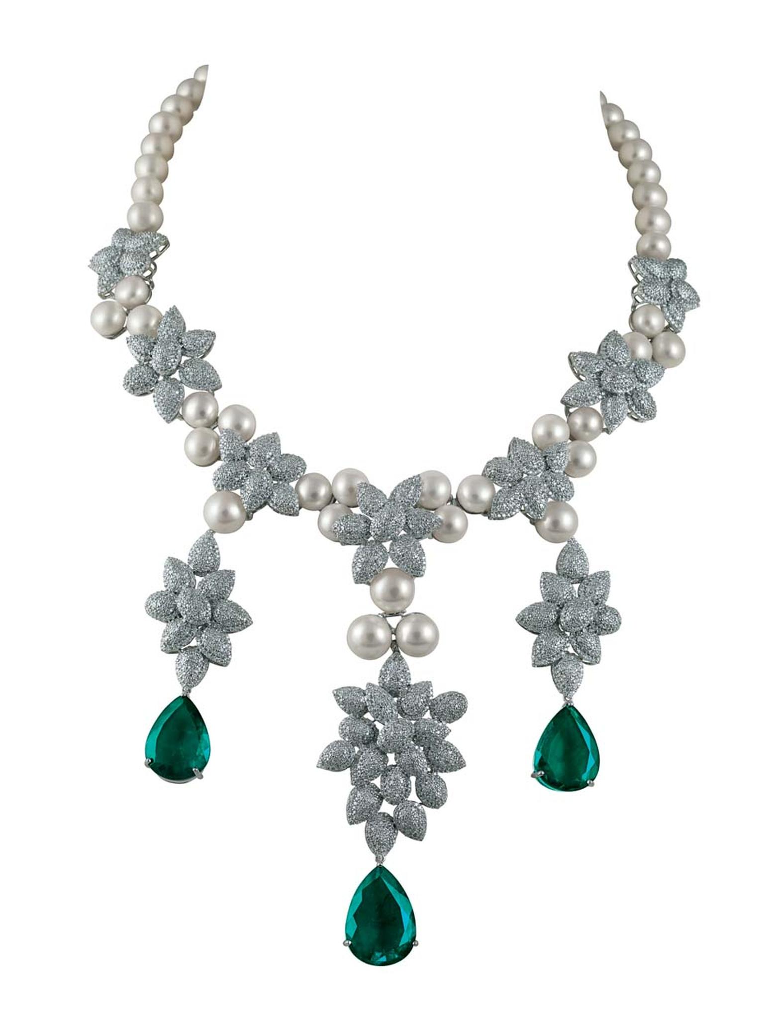 MINAWALA Festival of Emeralds collection necklace in white gold with diamonds, emeralds and pearls