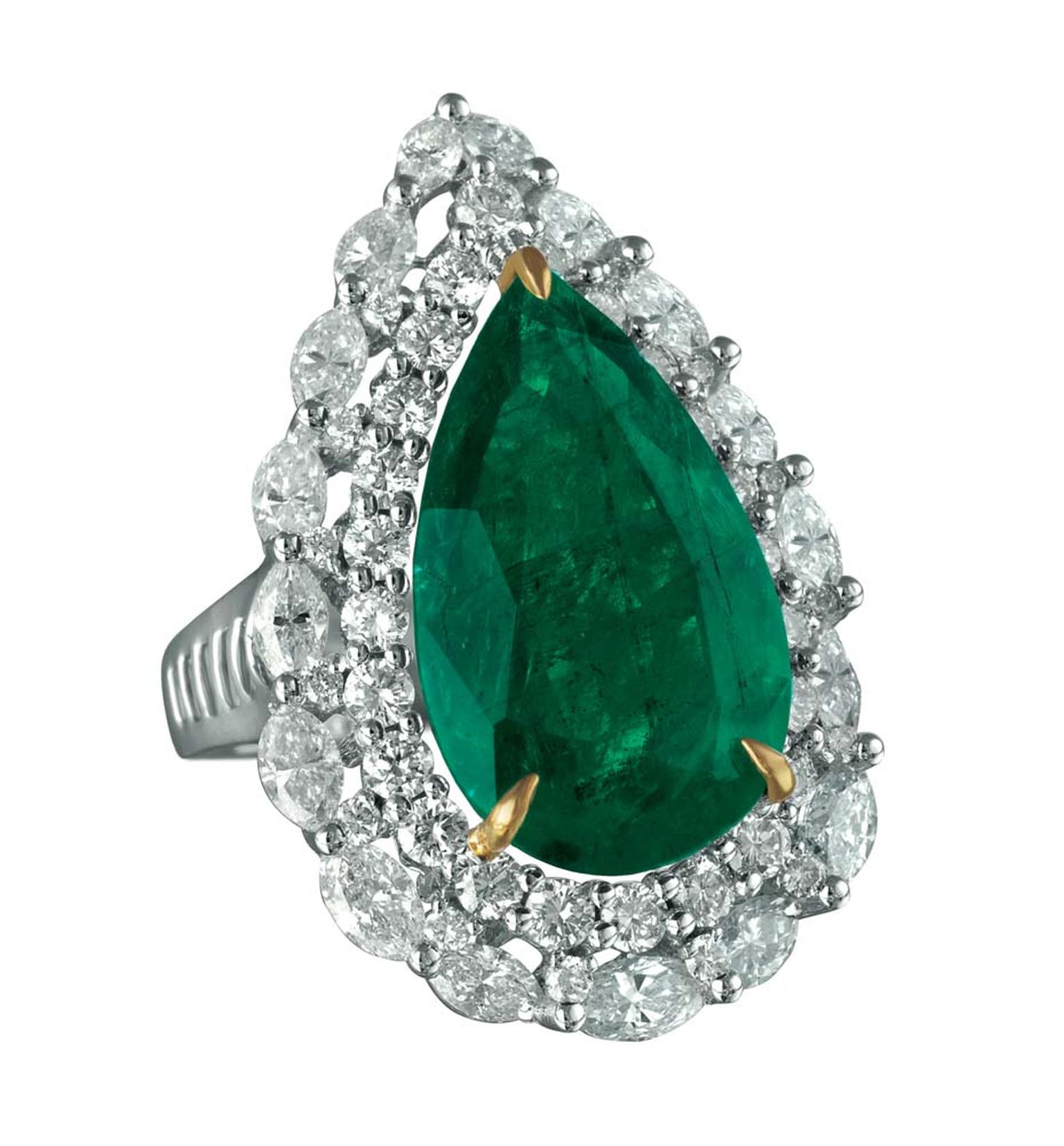 MINAWALA Festival of Emeralds collection ring in white and yellow gold with diamonds and a central emerald