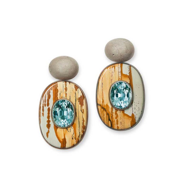 Hemmerle earrings featuring aquamarines set into slices of jasper with concrete, copper and gold