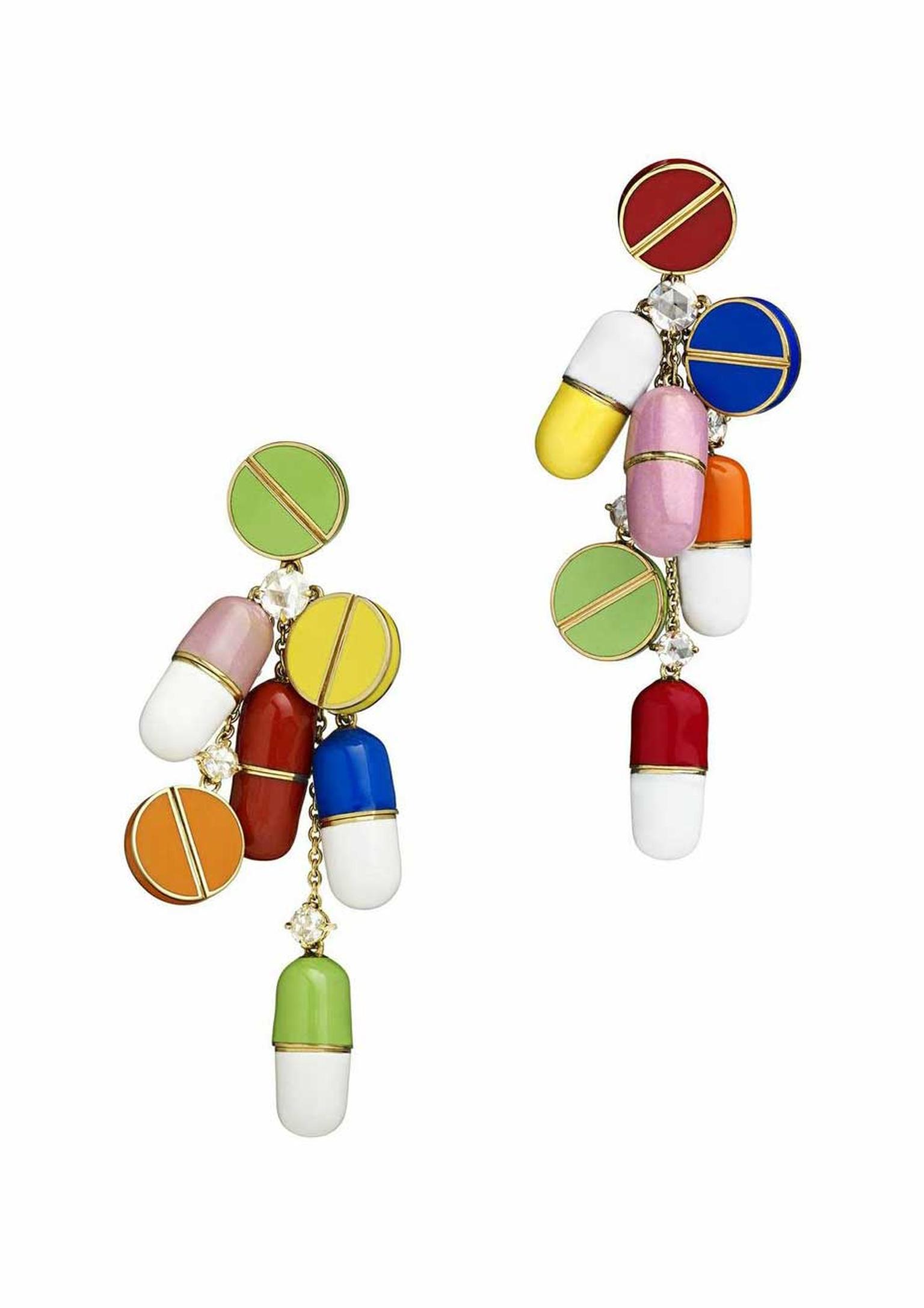 Suzanne Syz’s ‘Take it or leave it’ earrings featuring enamel and diamonds.