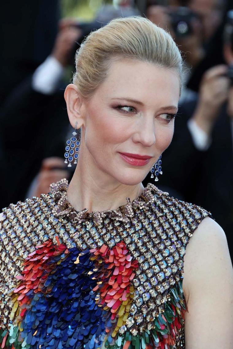 With a slicked back up-do, Cate Blanchett showed off her Chopard sapphire drop earrings at the premiere of How to Train Your Dragon 2, which perfectly complimented the colourful sequins on her Givenchy dress