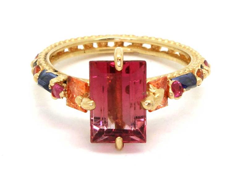 Polly Wales faded pink tourmaline ring with orange, pink and blue sapphires