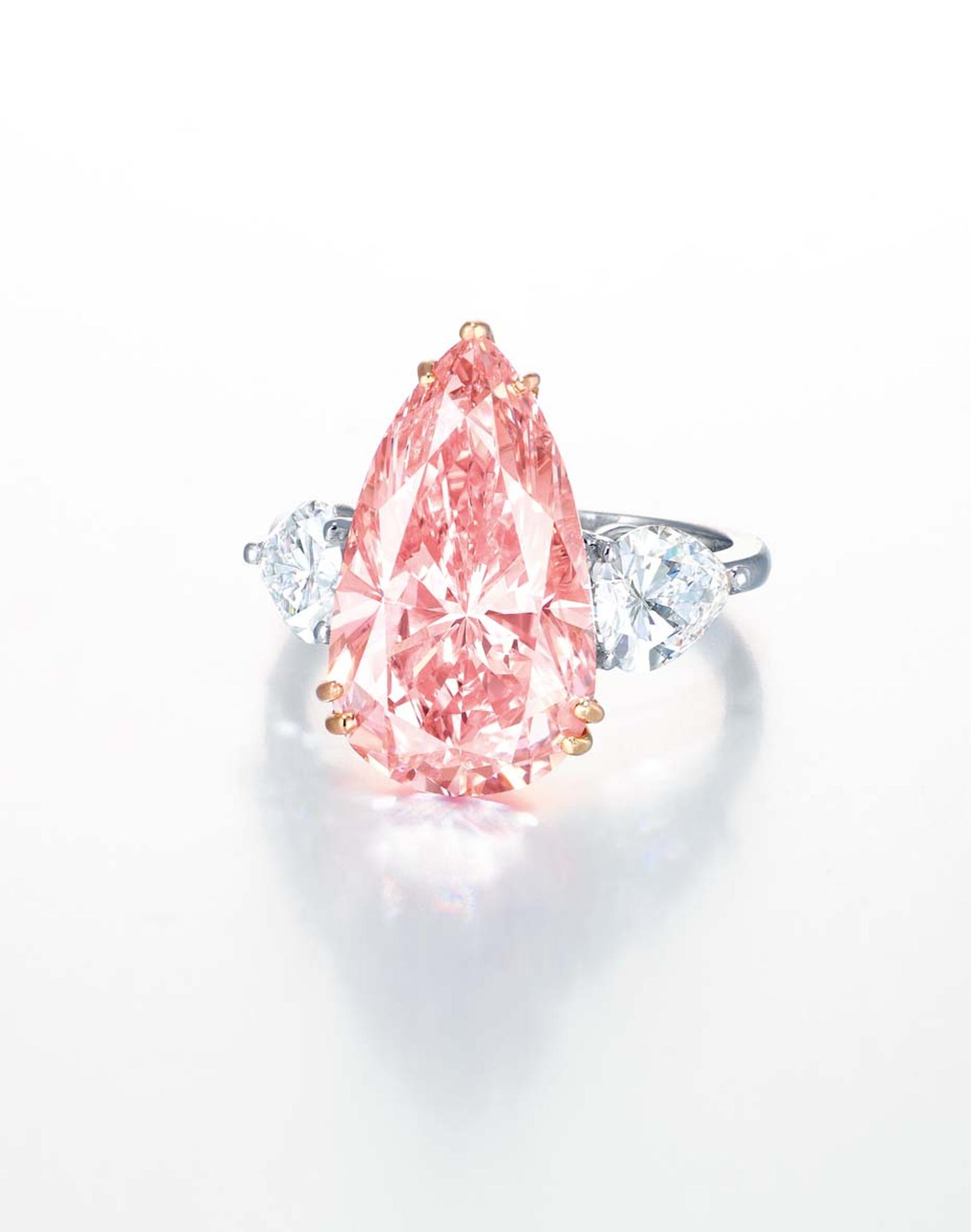 This 9.38ct Fancy Intense pink pear-shaped diamond and diamond ring has an estimate of  US$5.8-8.3 million)