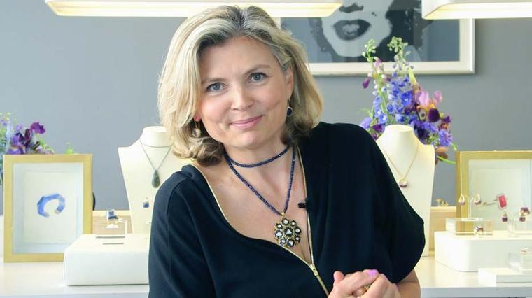The Jewellery Editor, Maria Doulton, wears several of Jade's newest creations, as styled by Jade herself, including a sapphire and polki diamond necklace, sapphire earrings and a chrysophrase and diamond ring