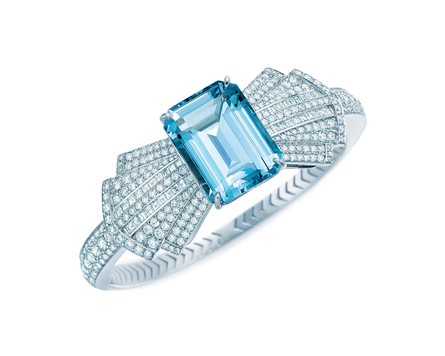 Tiffany & Co. Blue Book Collection platinum bracelet featuring a central emerald cut aquamarine surrounded by a bow tie of diamonds (£81,500).
