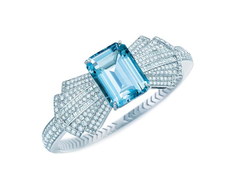 Tiffany & Co. Blue Book Collection platinum bracelet featuring a central emerald cut aquamarine surrounded by a bow tie of diamonds (£81,500).