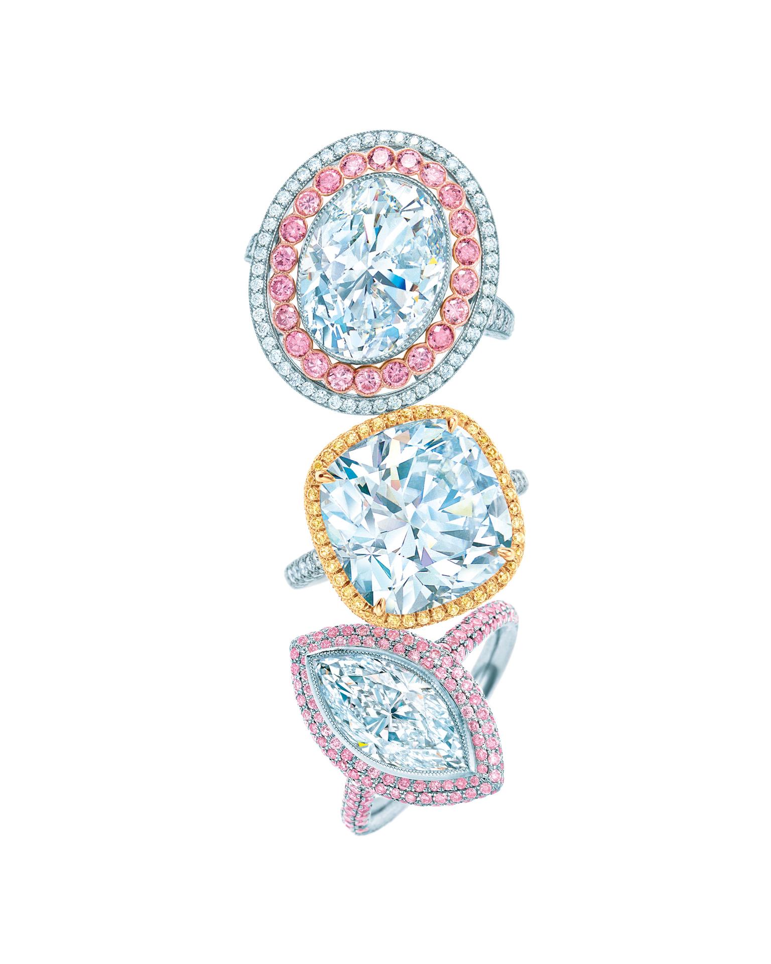 Top to bottom, Tiffany & Co. Blue Book Collection Fancy Vivid pink diamond ring with diamonds set in platinum; 10.17ct diamond ring set in platinum and gold; and white and Fancy Vivid pink diamond ring set in platinum