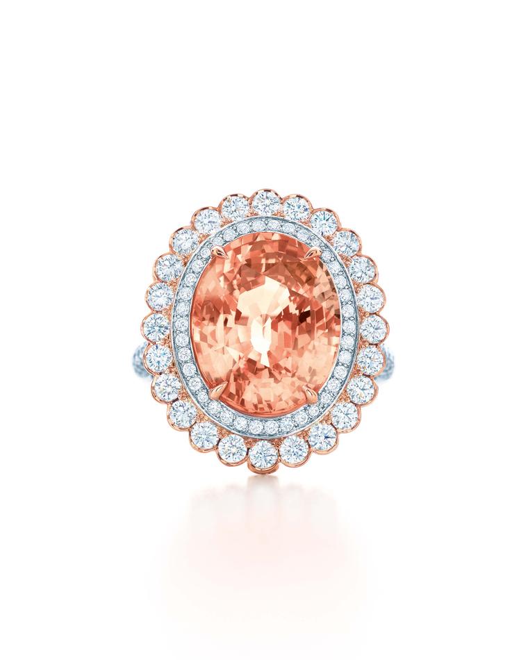 Tiffany & Co. Blue Book Collection padparadscha sapphire ring with diamonds set in rose gold and platinum