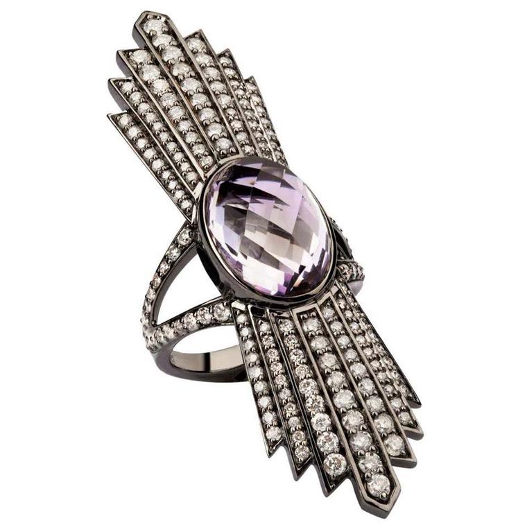 Deborah Pagani Talula ring with Rose de France amethyst and grey diamonds, available at Latest Revival
