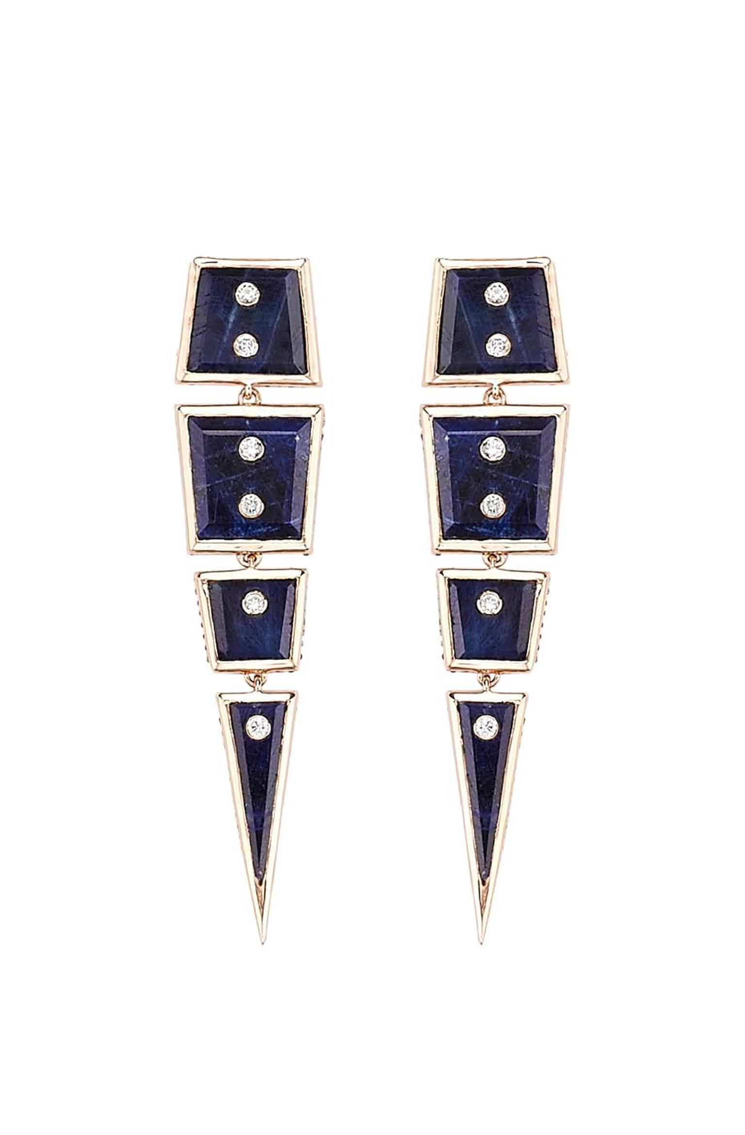 Gold Machu Picchu earrings with blue sapphires (18.24ct) and champagne-cut diamonds, available at Latest Revival.