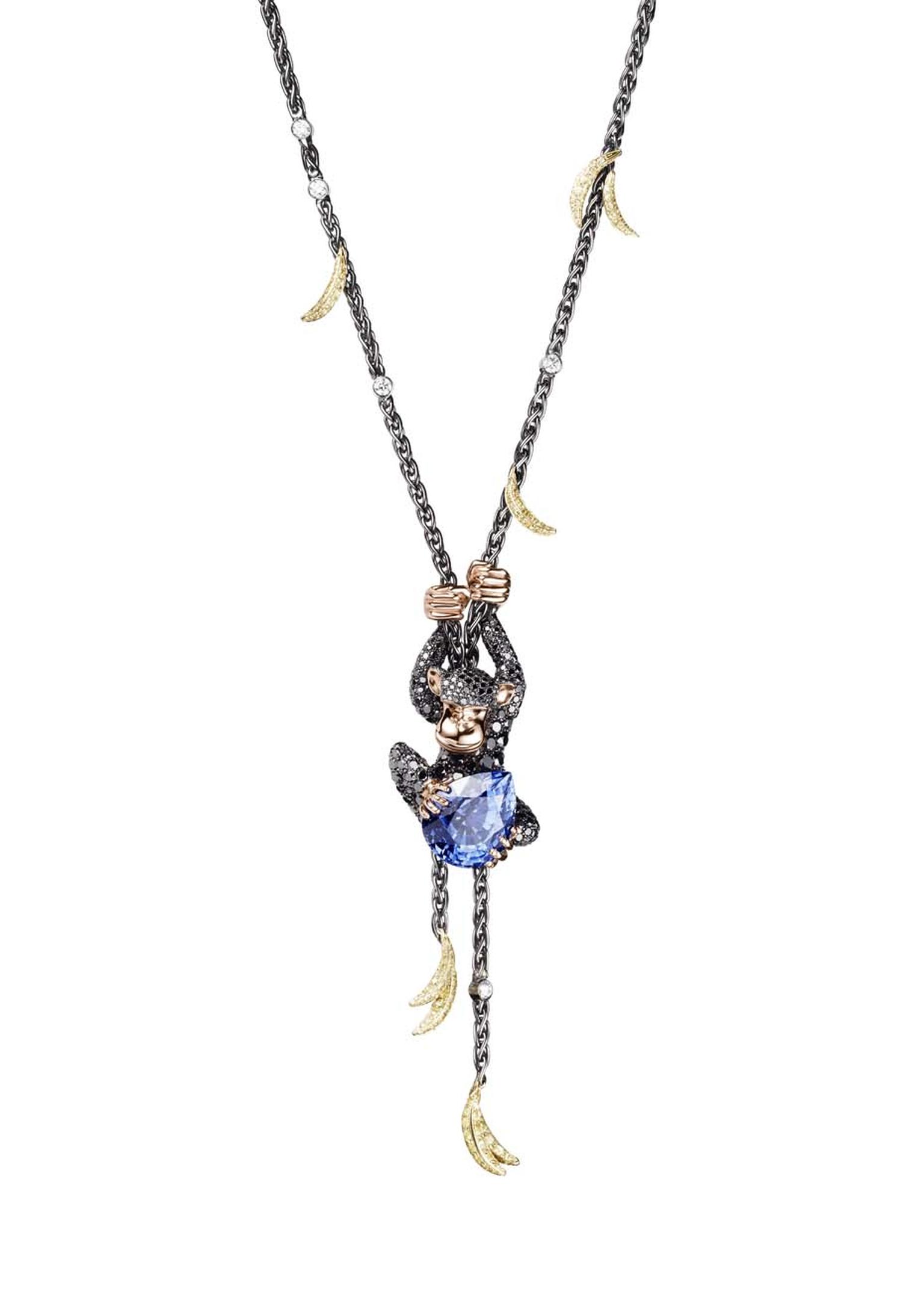 The de GRISOGONO Chimpanzee necklace, set with 771 black diamonds, 247 yellow sapphires, white diamonds and a pear-cut blue sapphire, worn by Cara Delevingne to de GRISOGONO's Eden Roc party