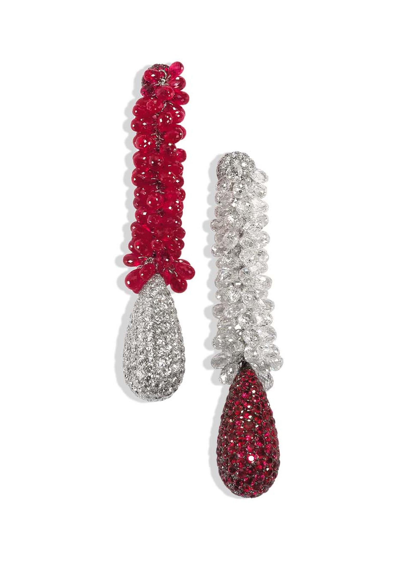 The de GRISOGONO white gold earrings featuring 236 rubies, 236 white diamonds, 81 briolette diamonds and 81 briolette rubies worn by Riley Keough
