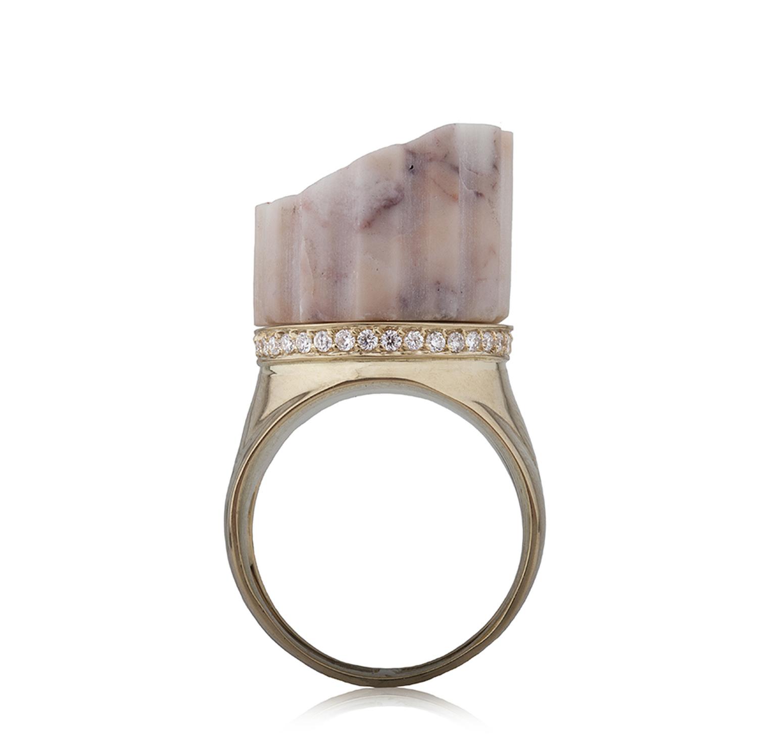 Latest Revival Maiyet gold geometric cage bangle featuring rose cut champagne diamonds (4.88ct).