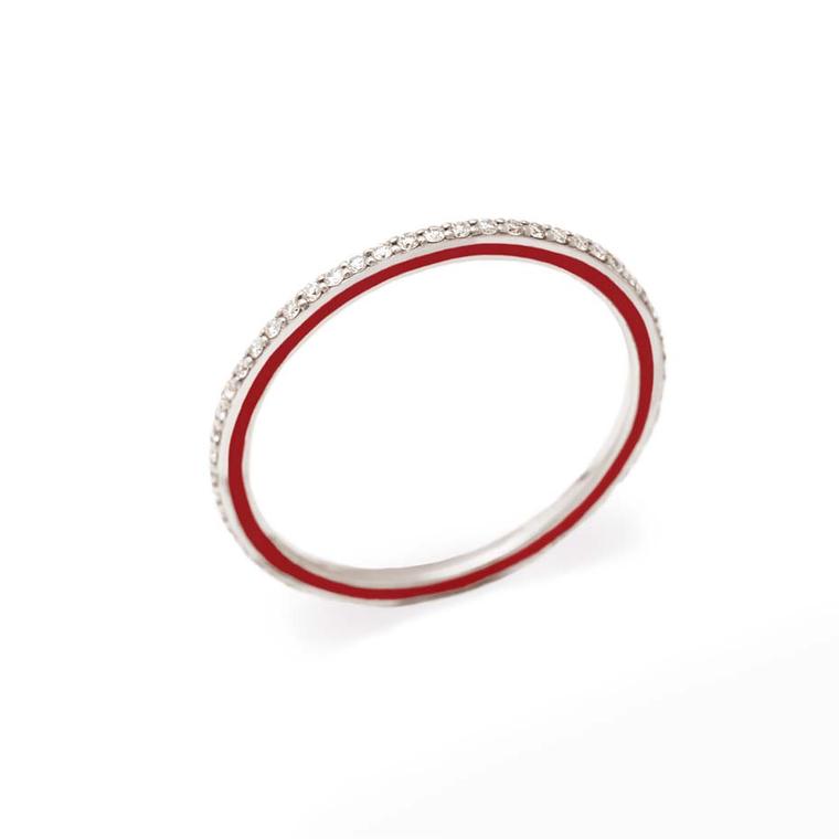 Raphaele Canot Skinny Deco collection white gold ring featuring pavé diamonds and red coral enamel