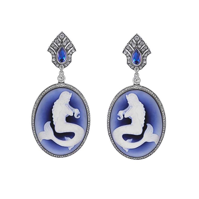 Petr Axenoff silver Undine earrings set with colourless topaz, blue agate and featuring enamel cameos