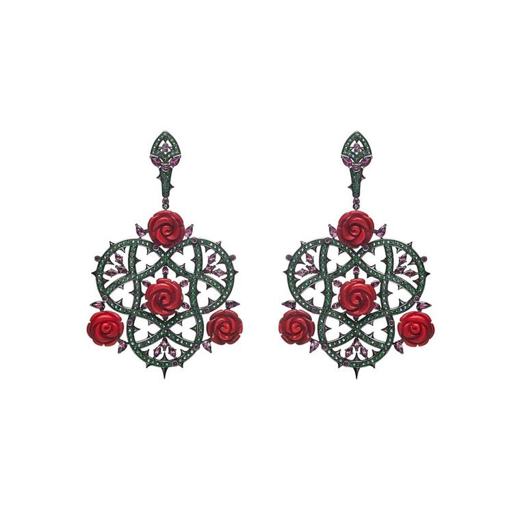 Petr Axenoff silver Rose Bush earrings with emeralds, coral and rhodolites
