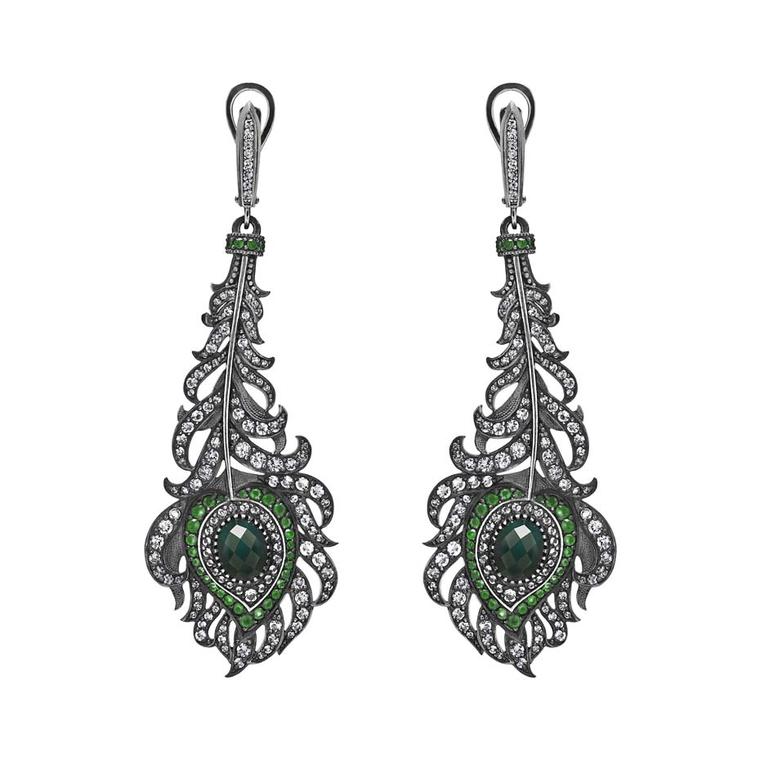 Petr Axenoff silver Peacock's Feather earrings with green agate, tsavorites and white topaz