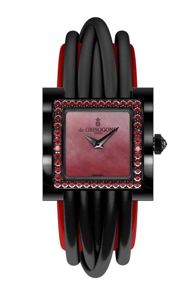 de GRISOGONO Allegra collection watch featuring a steel PVD coated case and a red mother-of-pearl dial with blackened gold dauphine hands and a bezel set with 44 red spinels