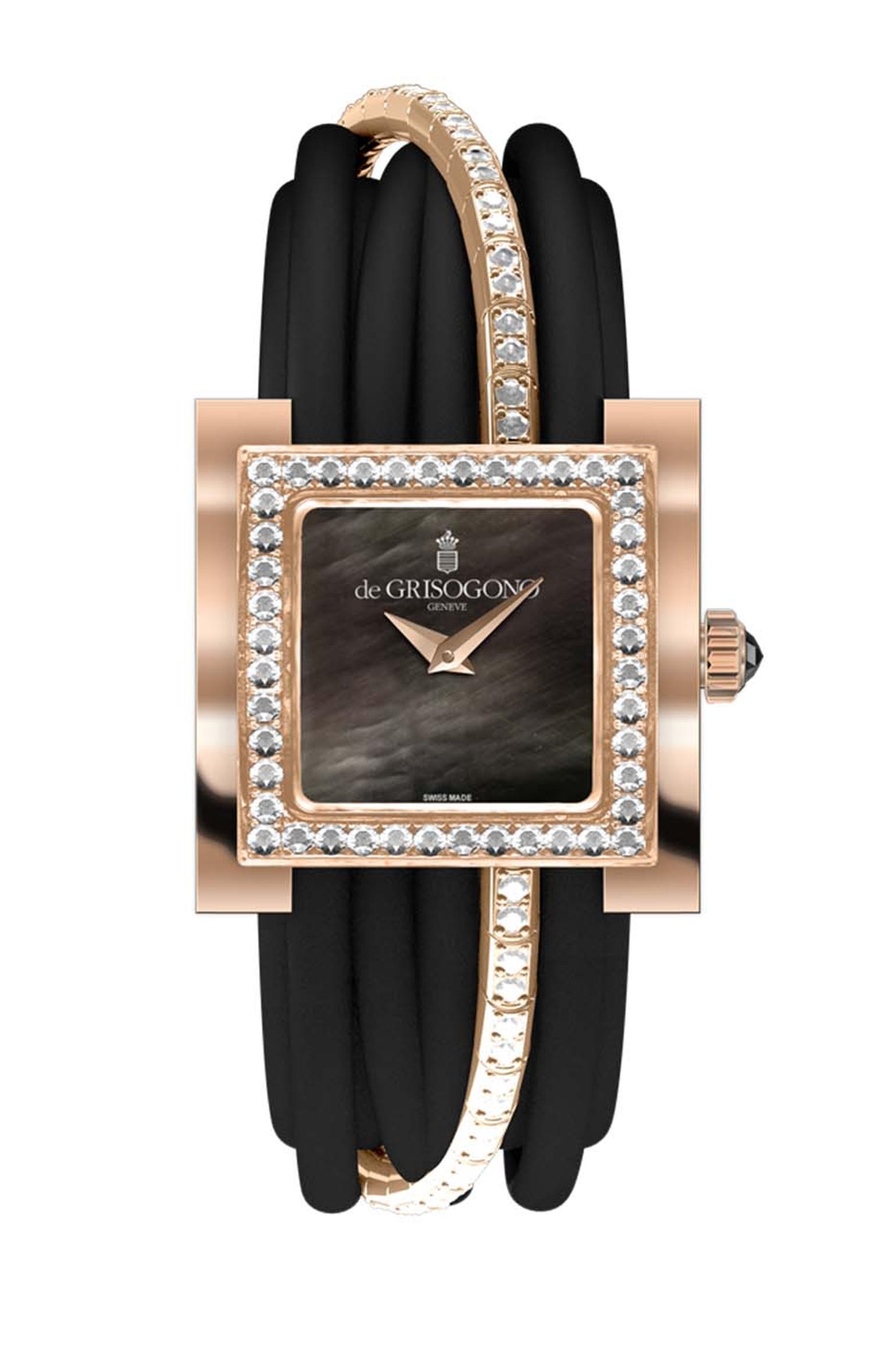 de GRISOGONO Allegra watch in pink gold featuring a black mother-of-pearl dial with pink gold dauphine hands and a bezel set with 44 white diamonds as well as a pink gold clasp set with 40 diamonds
