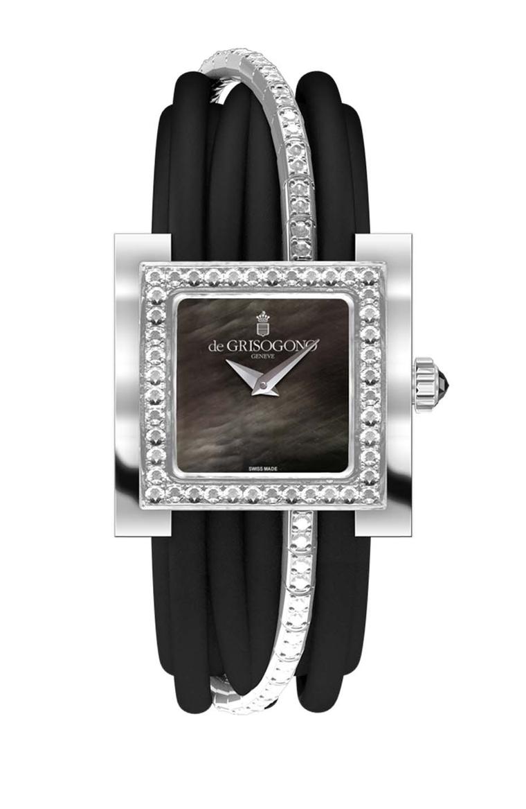de GRISOGONO Allegra watch in white gold featuring a black mother-of-pearl dial with white gold dauphine hands and a bezel set with 44 white diamonds as well as a white gold clasp set with 40 diamonds