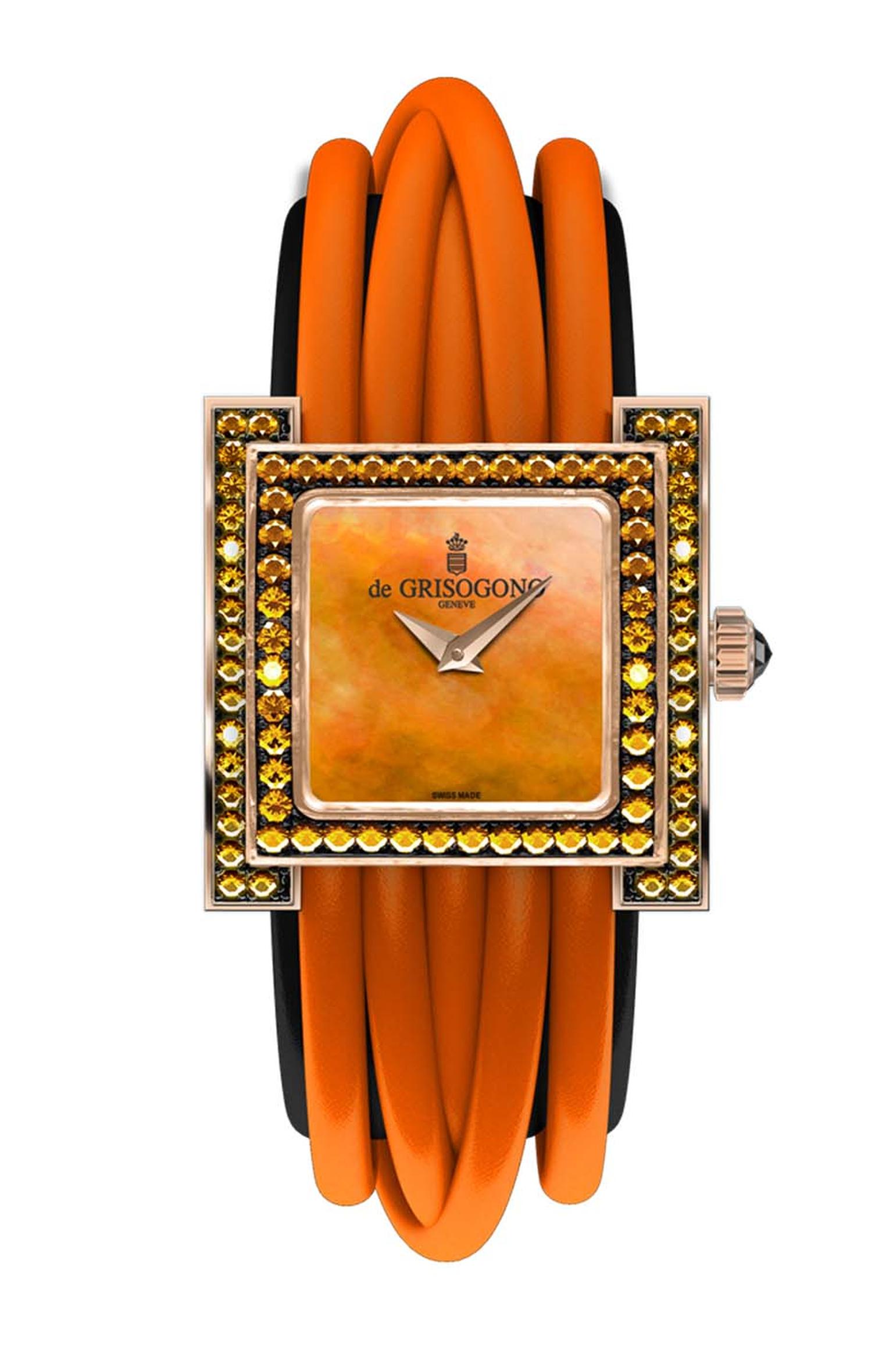 de GRISOGONO Allegra watch in pink gold featuring an orange mother-of-pearl dial with pink gold dauphine hands and a bezel set with 80 orange sapphires