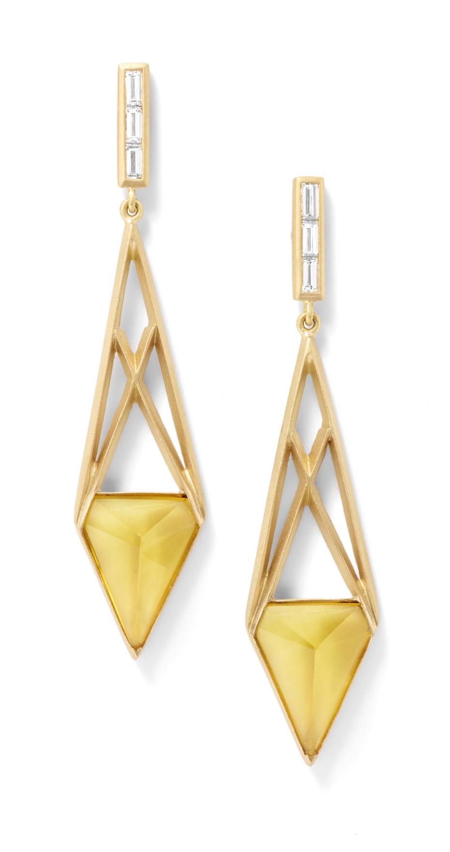 Monique Pean citrine open cage earrings in recycled yellow gold with baguette-cut diamonds