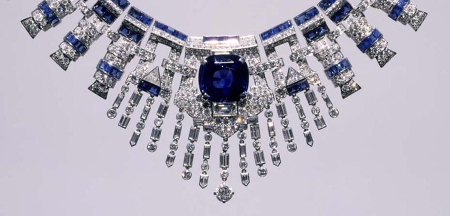 The Cartier sapphire and diamond necklace displays a precise geometric form and is an exceptional example of the Art Deco pieces for which Cartier is famed. Image: Courtesy Hillwood Estate, Museum and Gardens