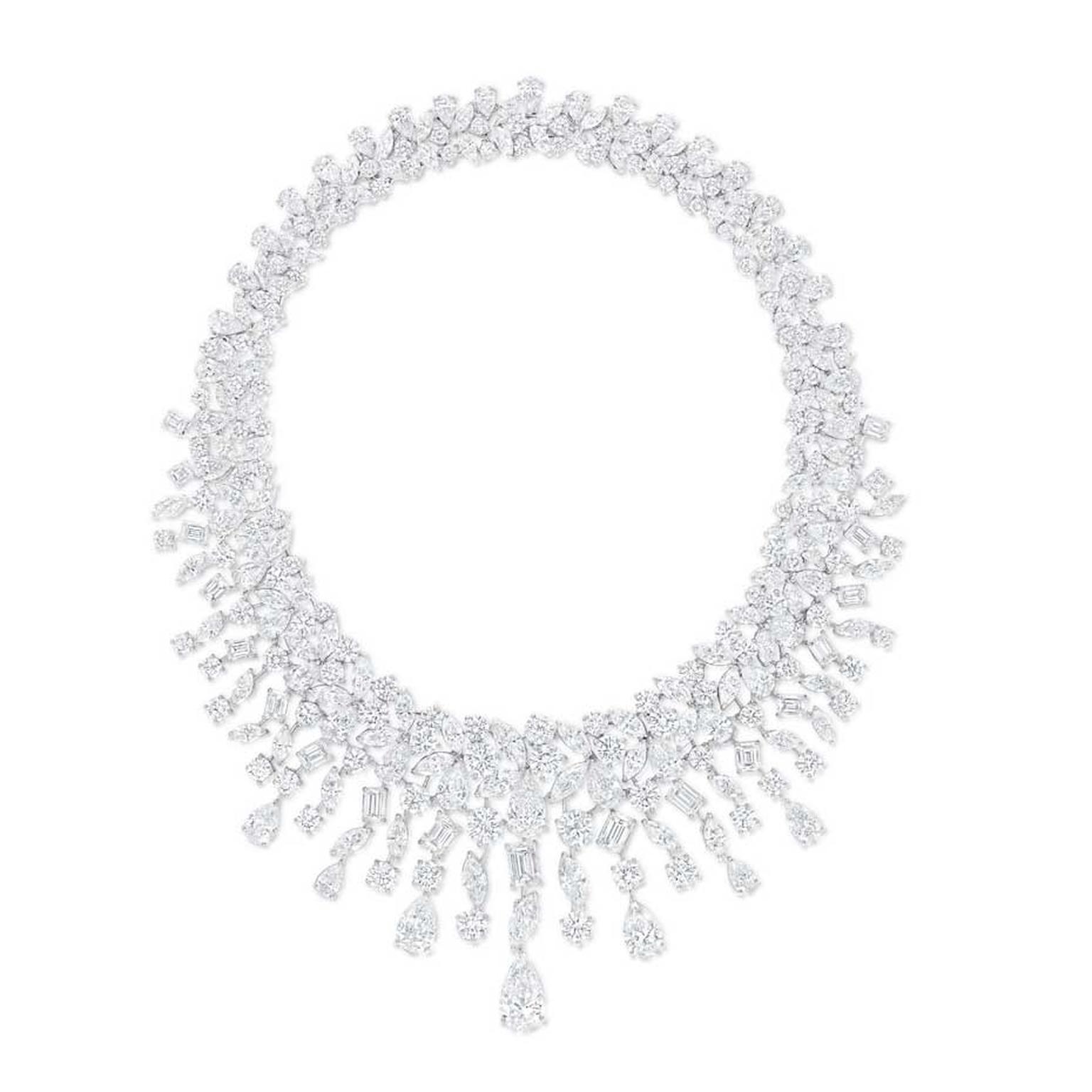 Graff Rhythm collection platinum necklace featuring brilliant, marquise, pear and baguette-shaped diamonds