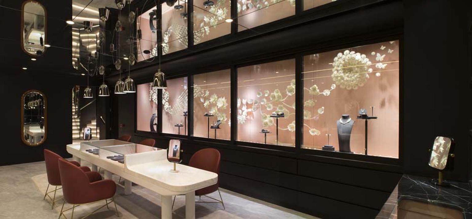 Theatrical window displays of the new Nirav Modi boutique in New Delhi, India
