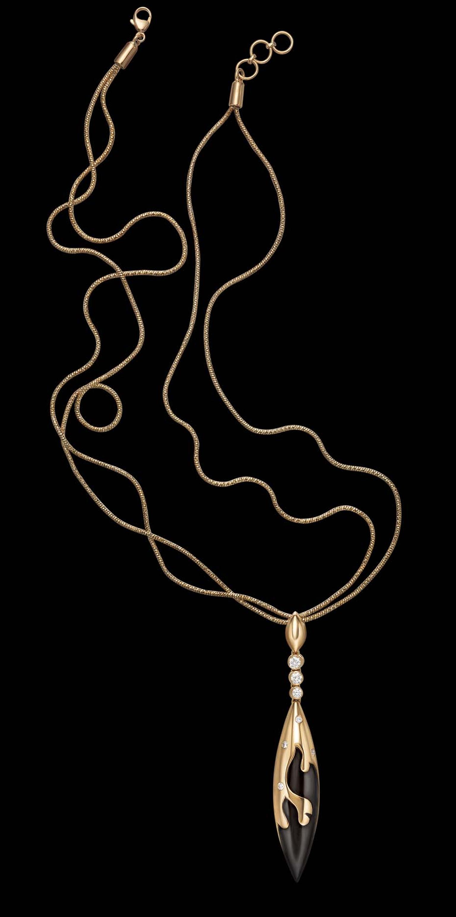 Zoya Fire collection necklace in yellow gold, inspired by the coexistence of fire and ice, set with white brilliant cut diamonds and decorated with brown enamel