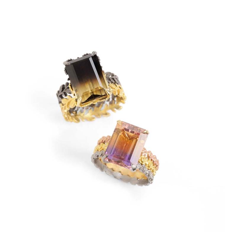 Beth Gilmour Dichroma Rings in various golds, claw-set with bi-coloured quartz and bi-coloured Ametrine (left: £4,500; right: £3,000)