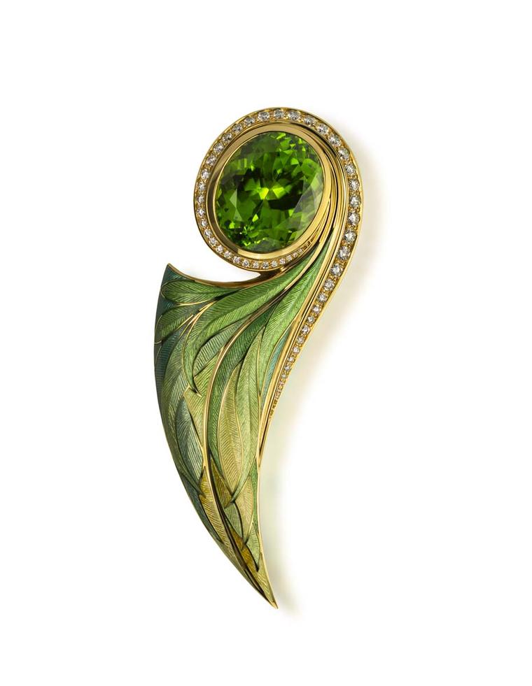 Ingo Henn enamelled pendant or brooch in yellow goldwith a faceted peridot and diamonds (£29,000)