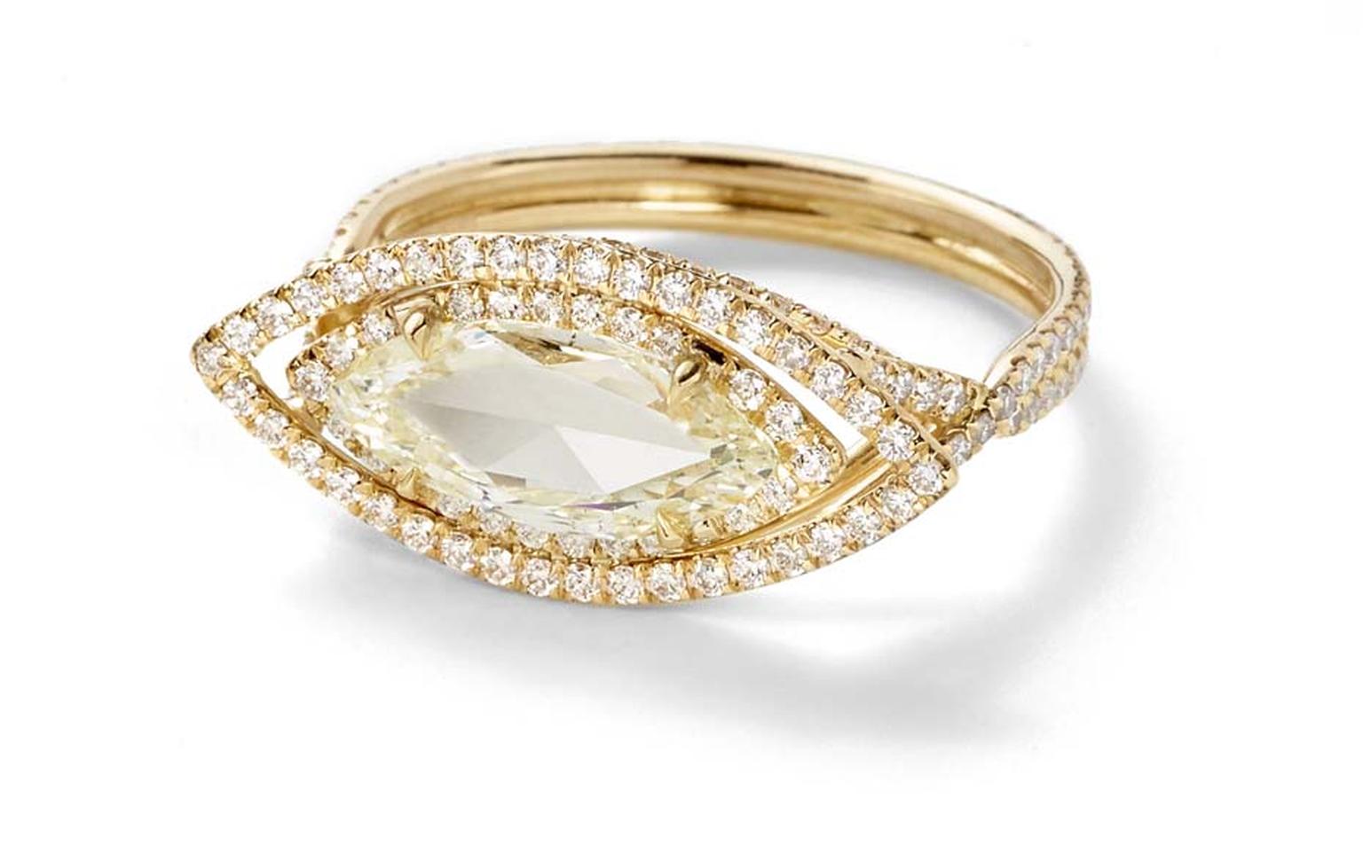 Monique Péan Mineraux engagement ring in recycled yellow gold, set with a light yellow marquise rose cut diamond and diamond pavé ($24,820)