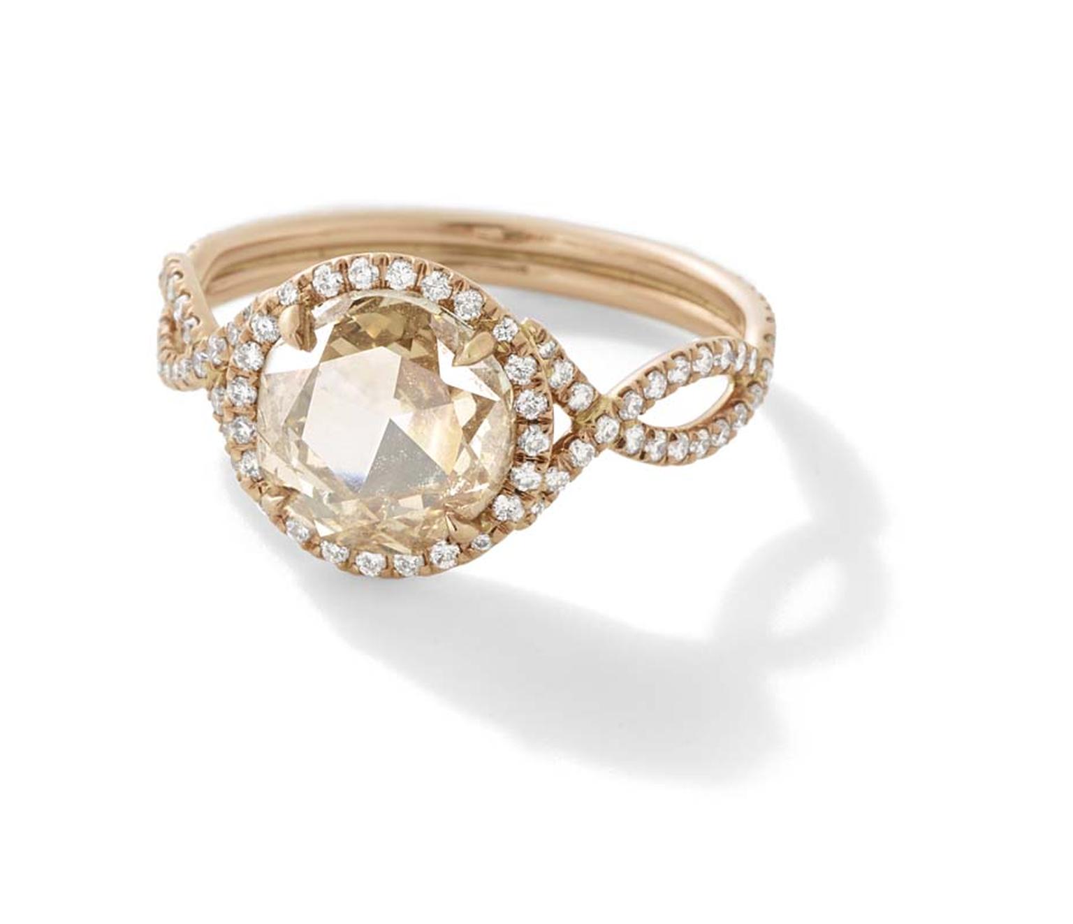 Monique Péan Mineraux engagement ring in recycled rose gold, set with an antique champagne rose cut diamond and diamond pavé ($39,690)