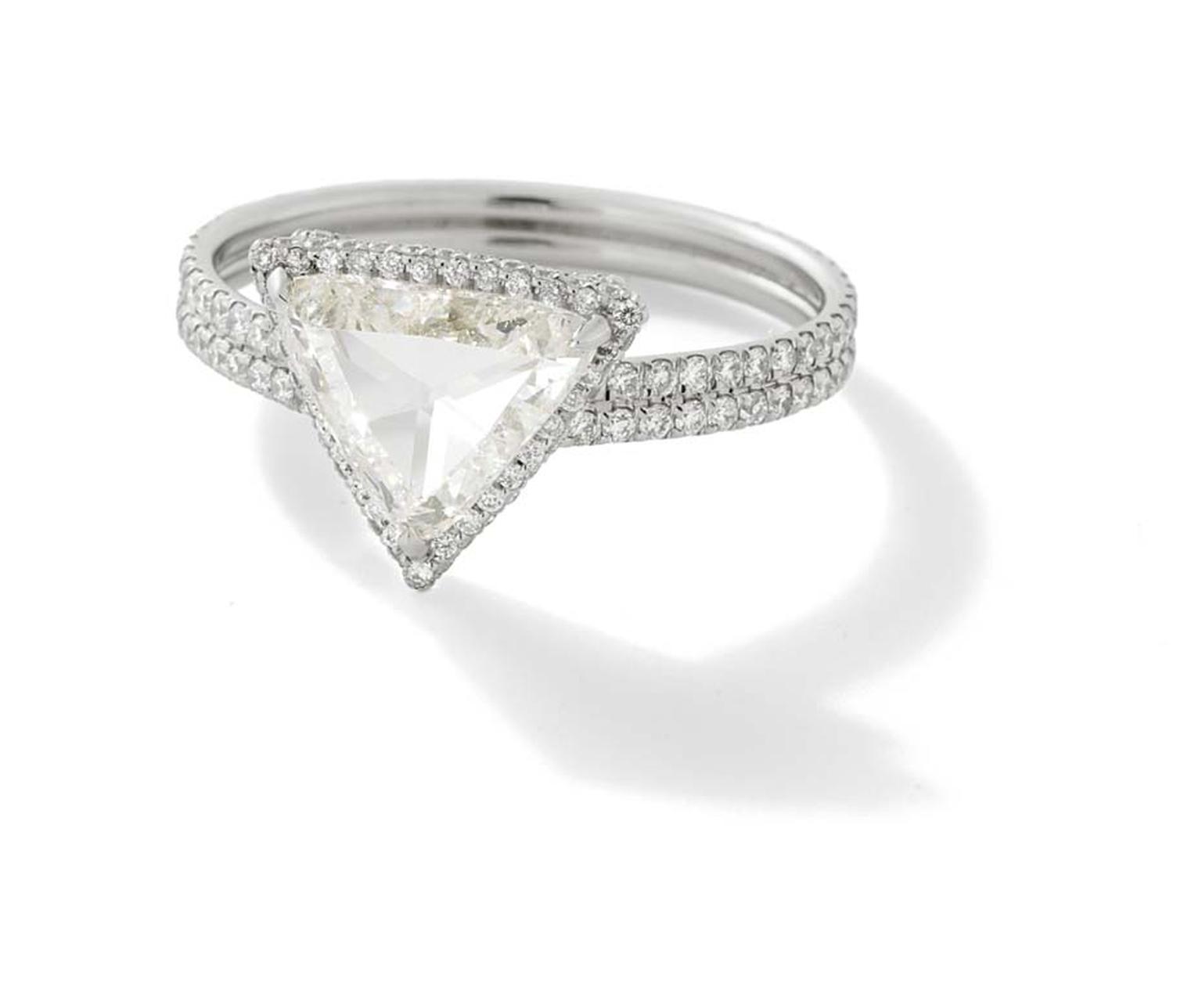 Monique Péan Mineraux collection white trillion rose cut diamond ring with white diamond pavé and recycled platinum ($43,520).