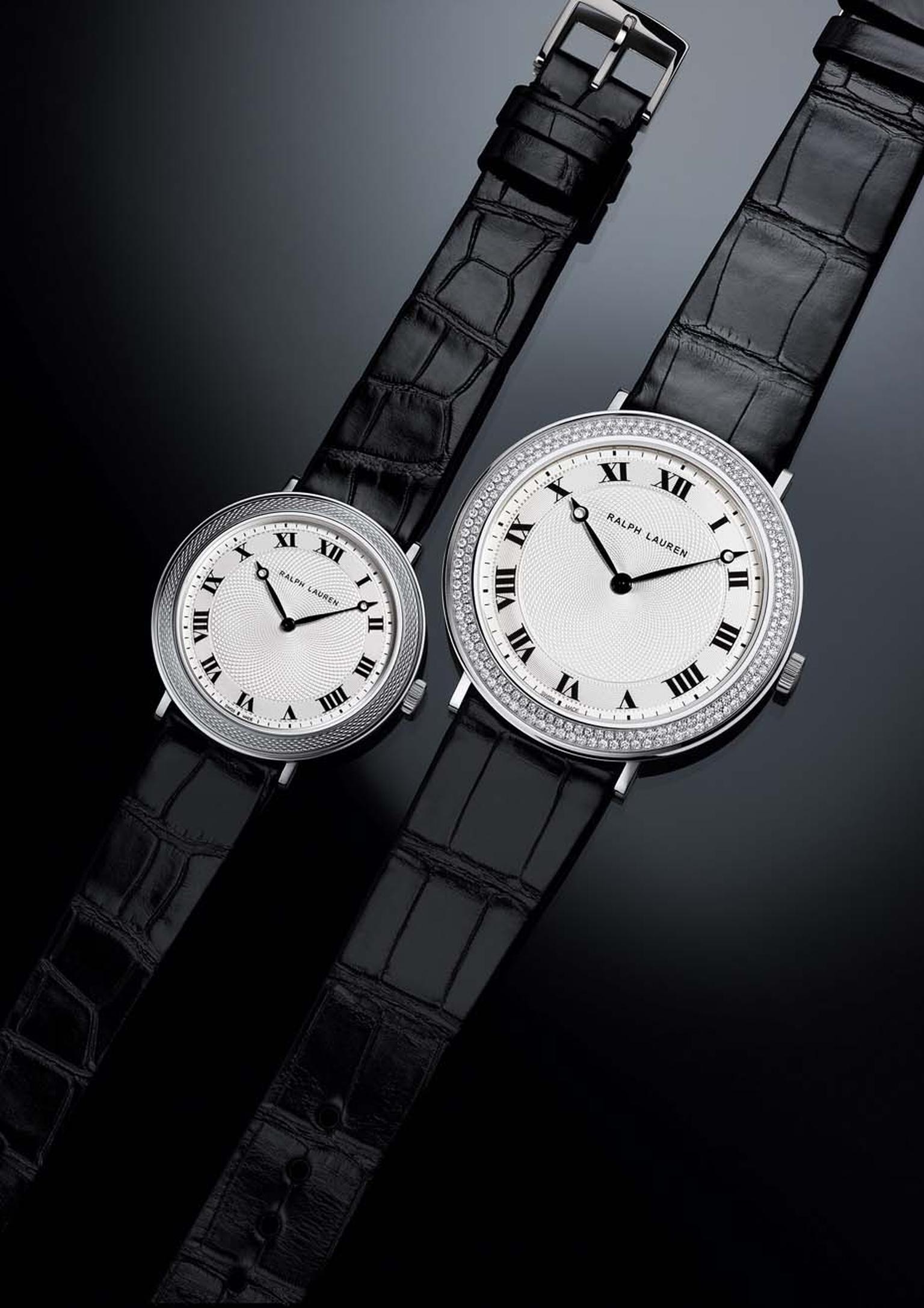 Picture side by side, you can see the different in size between the 32mm and 42mm Ralph Lauren Slim Classique watches in steel, with or without a diamond-set bezel