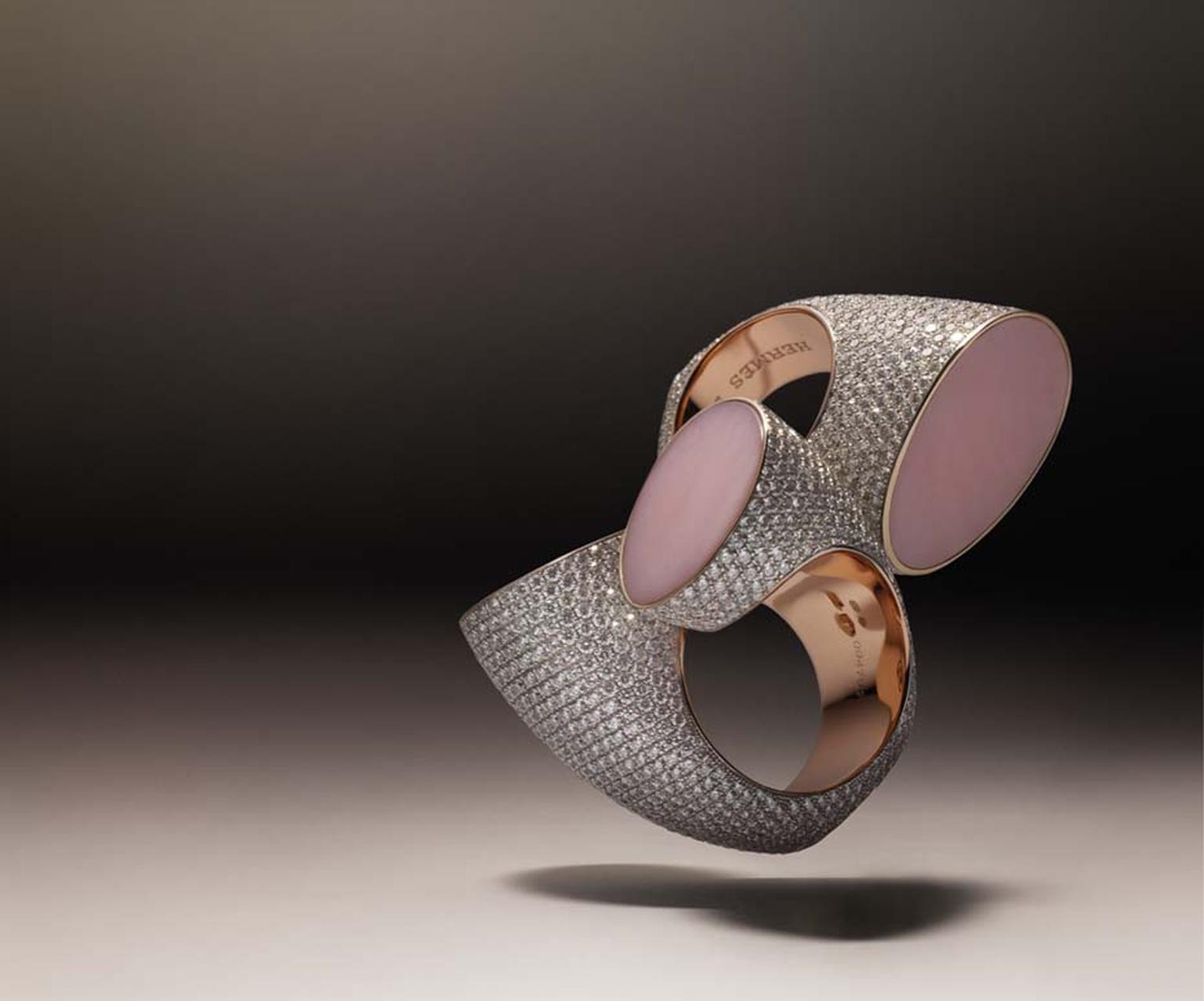 Hermès Centaure double ring in rose and white gold with diamonds and pink opal.