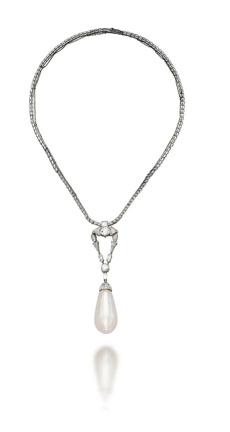 In May 2014, Christie's Geneva sold this natural pearl necklace with diamonds from the Estate of Baroness Gunhild Thyssen-Bornemisza de Kaszon for just over US$3 million.