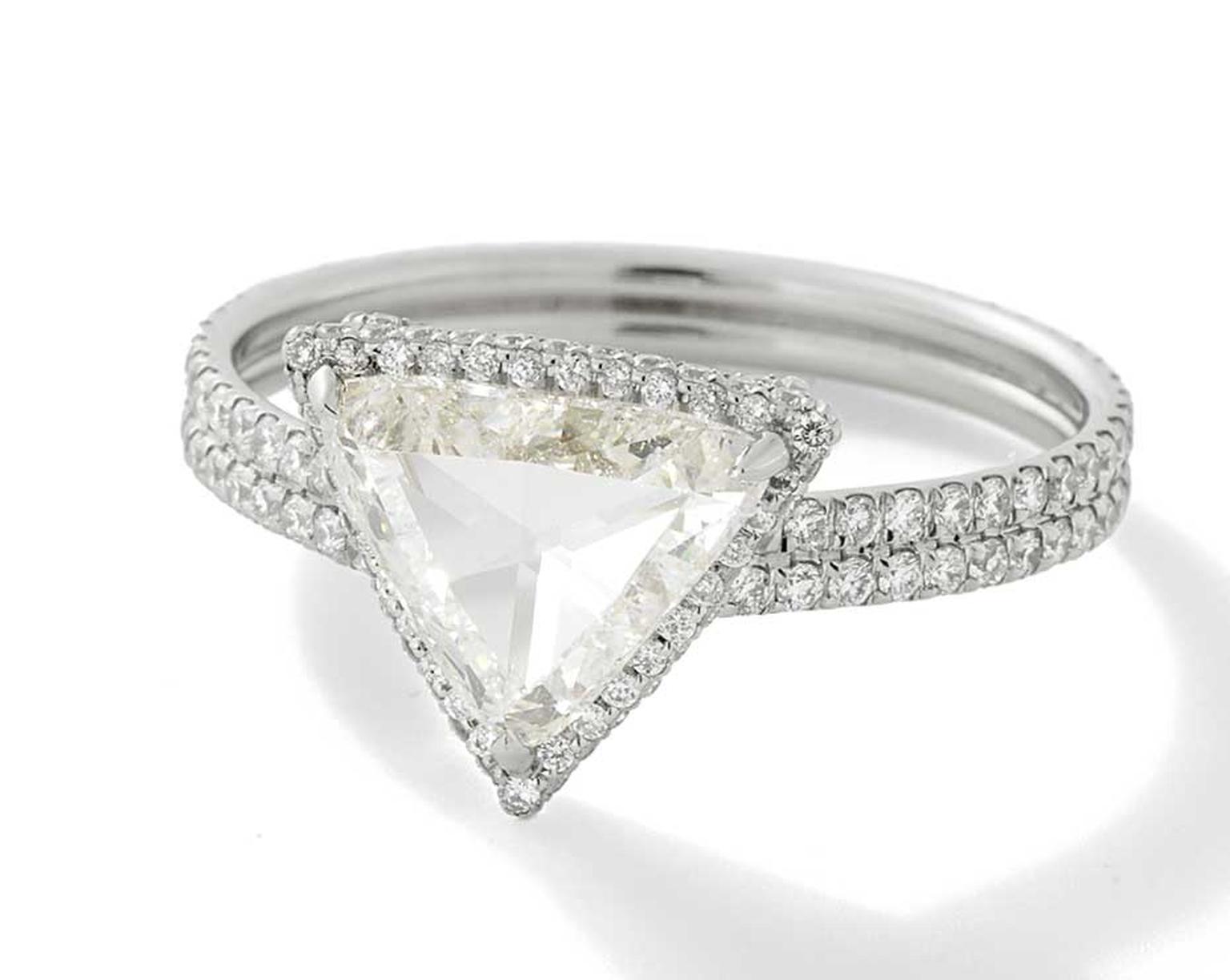 Monique Péan Mineraux engagement ring in recycled platinum, set with a white trillion rose cut diamond and white diamond pavé ($43,520)