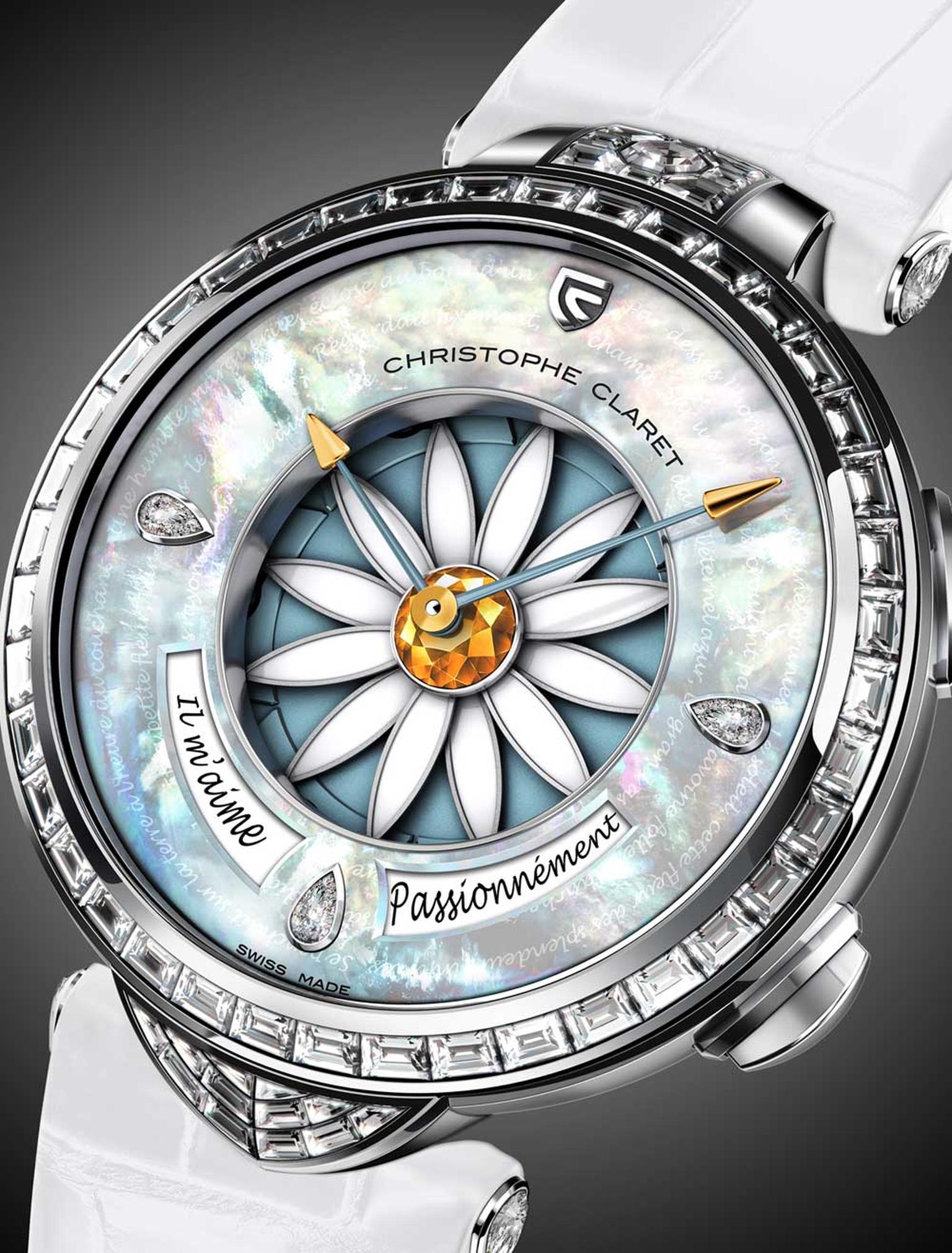 Christophe Claret's Margot watch features a natural blue mother-of-pearl dial inscribed with verses by Victor Hugo encircling the 12 white lacquered petals attached to the yellow sapphire heart.