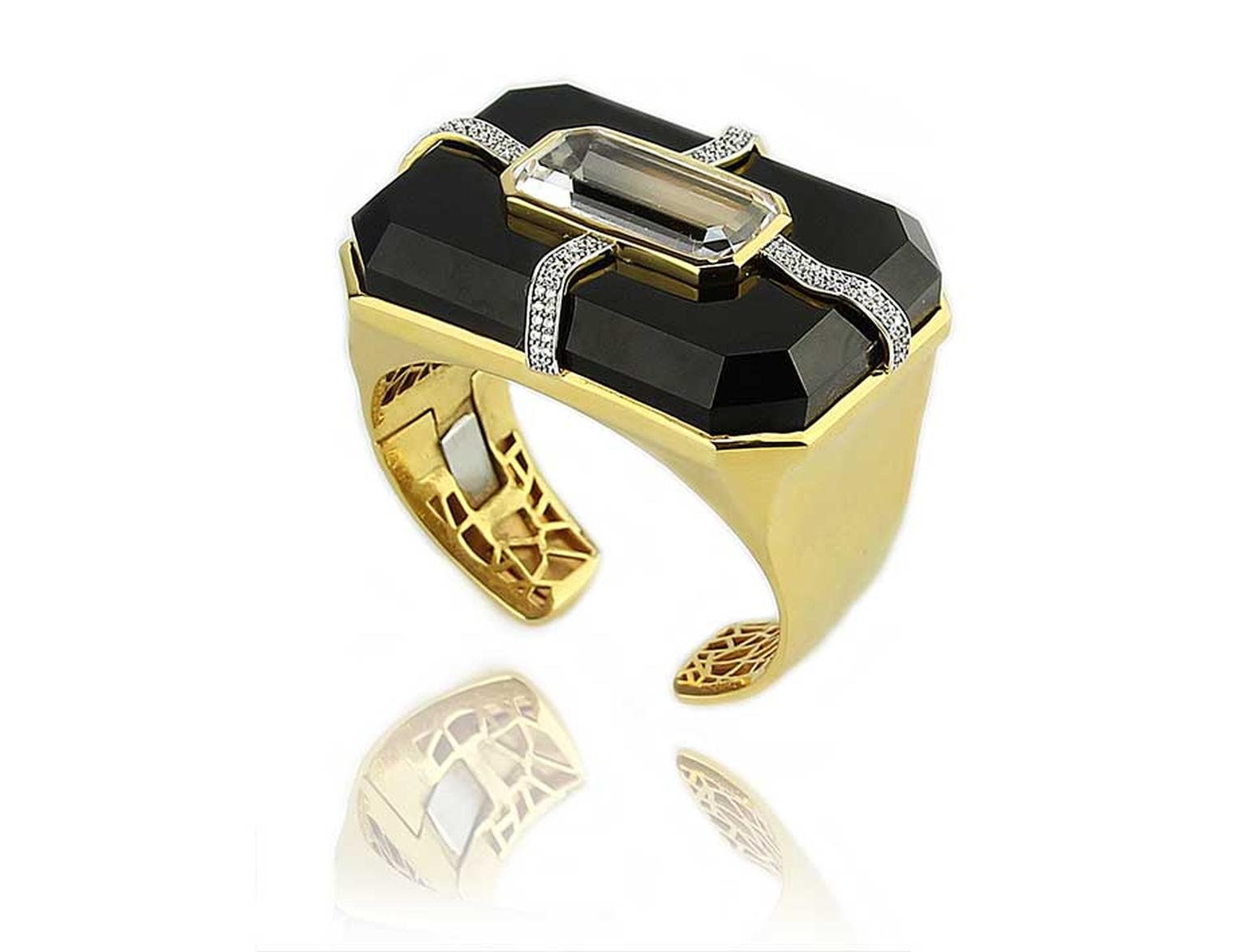 Kara Ross Large Cava Cuff with Pangea Accent in yellow gold with a black onyx base, rock crystal inset and diamonds