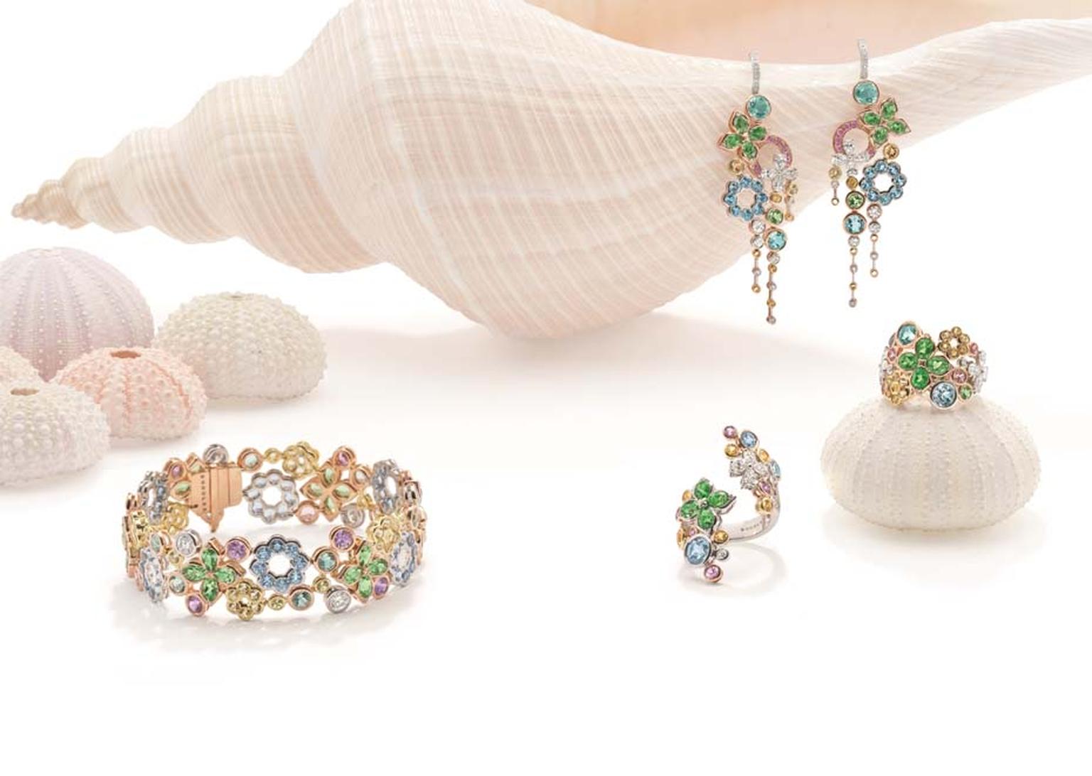 Boodles Pastel Reef suite with aquamarines, tsavorites, pink and yellow sapphires, and green and yellow beryls, from the new 'Ocean of Dreams' collection.
