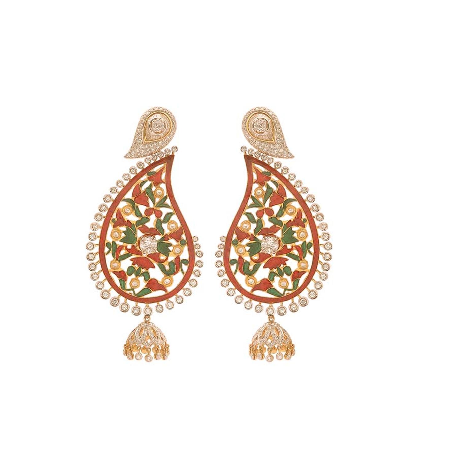 Anmol Paisley enamelled earrings set with baguette, princess, marquise and round brilliant diamonds.